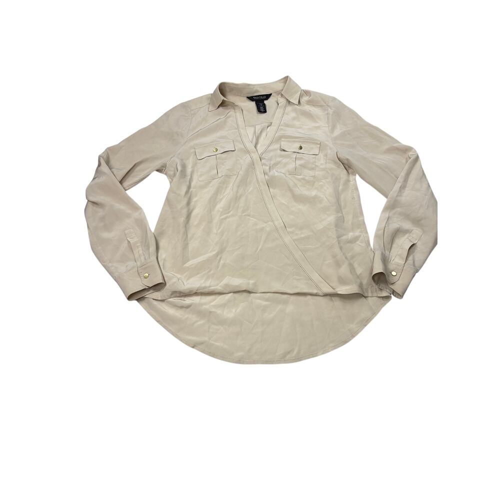 White house black market silk beige faux wrap V neck blouse. Size 6. office